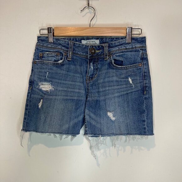 Aeropostale Jean Shorts Size 2 Womens Blue Distressed Cut Off Raw Hem - Picture 7 of 9